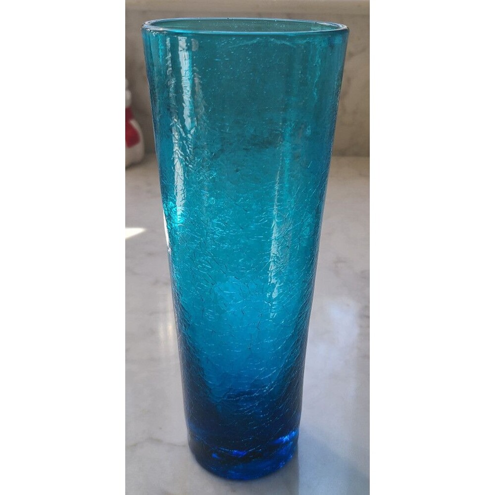 Blenko 1950s #3627 Chimney Highball - Crackle Glass - Teal - 8-3/4 inches